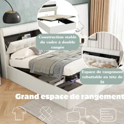 Okwish Lit Coffre 140x190 cm - Lit Double Capitonné avec Tête de Lit et Rangement Caché - PU - Sans Matelas - Blanc