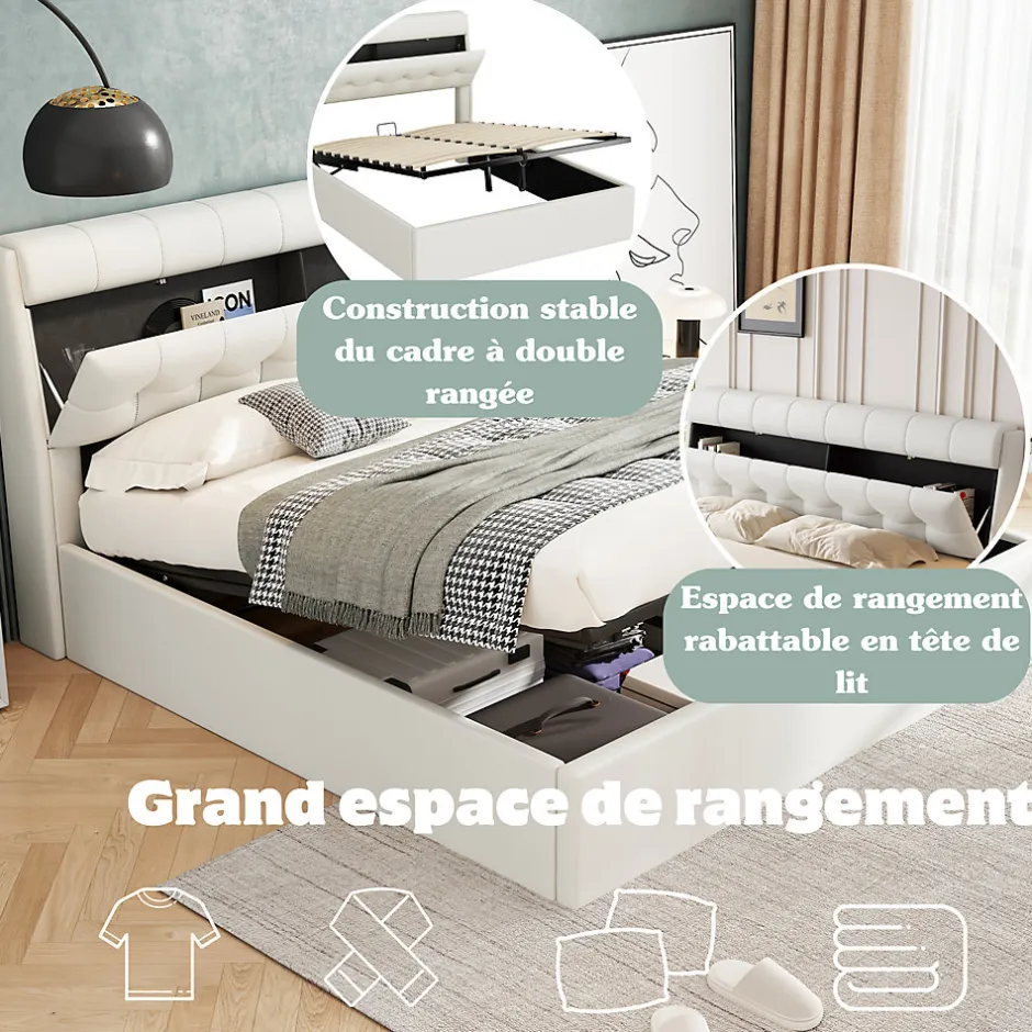 Okwish Lit Coffre 140x190 cm - Lit Double Capitonné avec Tête de Lit et Rangement Caché - PU - Sans Matelas - Blanc