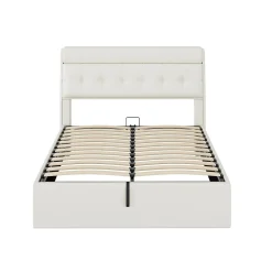 Okwish Lit Coffre 140x190 cm - Lit Double Capitonné avec Tête de Lit et Rangement Caché - PU - Sans Matelas - Blanc