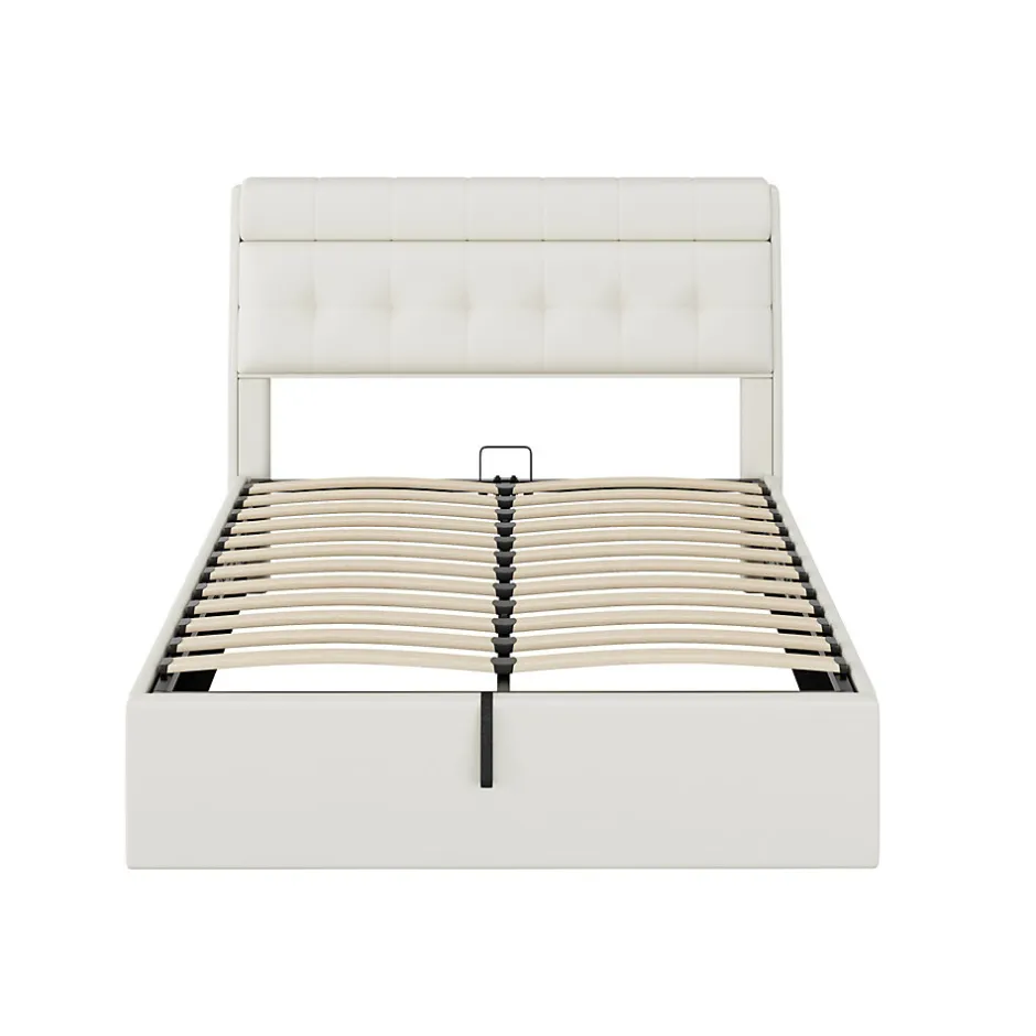 Okwish Lit Coffre 140x190 cm - Lit Double Capitonné avec Tête de Lit et Rangement Caché - PU - Sans Matelas - Blanc