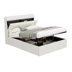 Okwish Lit Coffre 140x190 cm - Lit Double Capitonné avec Tête de Lit et Rangement Caché - PU - Sans Matelas - Blanc