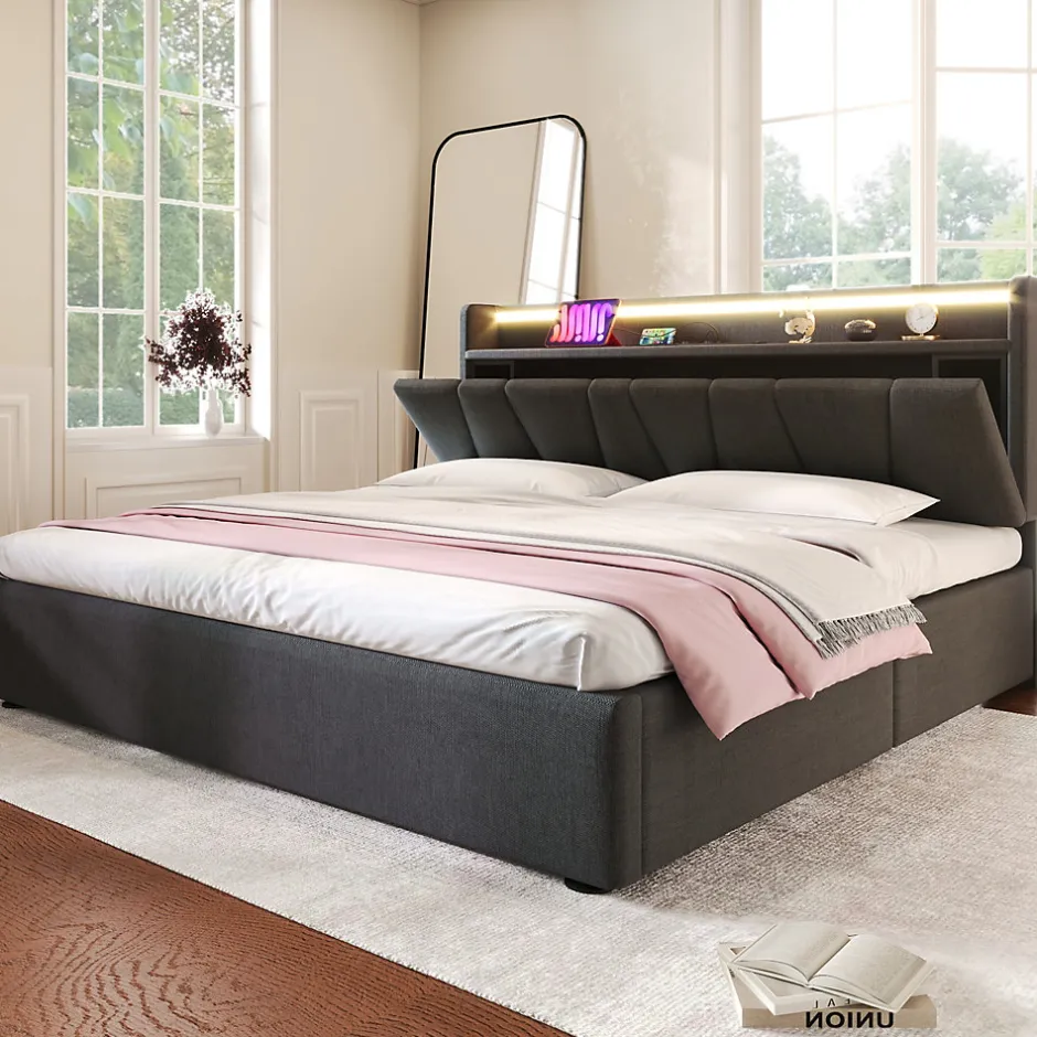 Generique Lit Coffre 160x200 cm - Lit Double Rembourré - Tête de Lit avec Rangement - Lin - Sans Matelas - Gris
