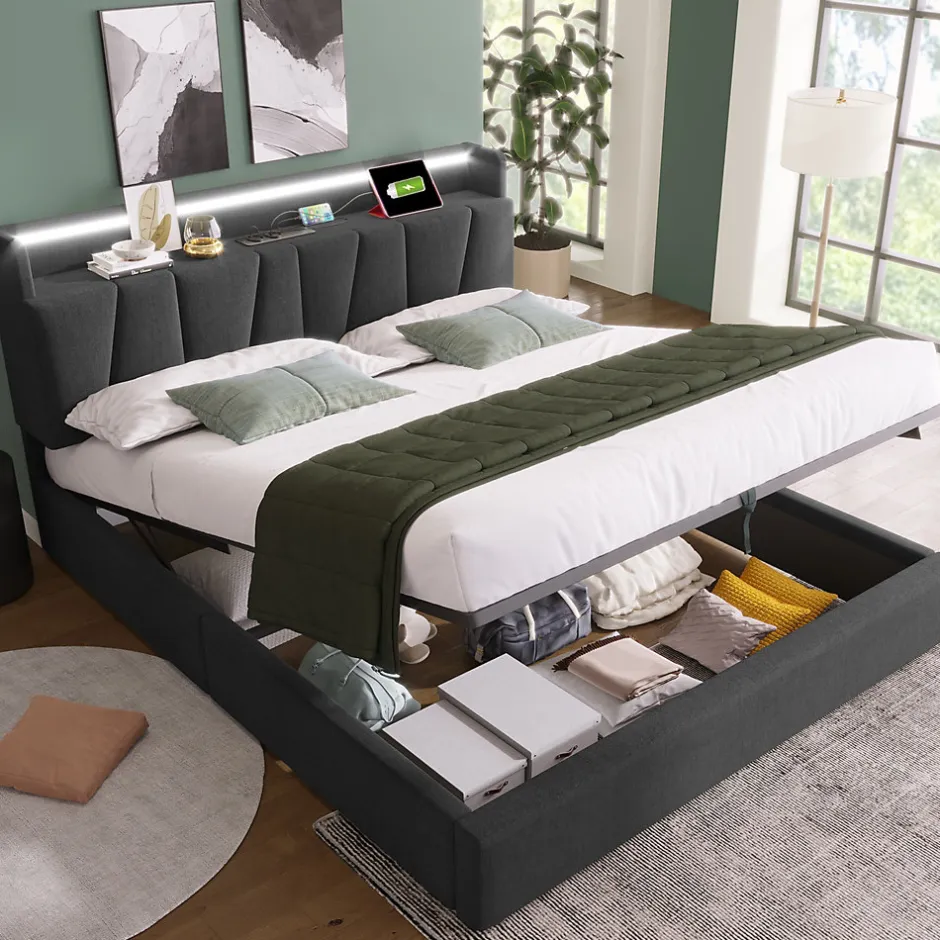 Generique Lit Coffre 160x200 cm - Lit Double Rembourré - Tête de Lit avec Rangement - Lin - Sans Matelas - Gris
