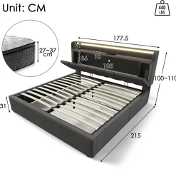 Generique Lit Coffre 160x200 cm - Lit Double Rembourré - Tête de Lit avec Rangement - Lin - Sans Matelas - Gris