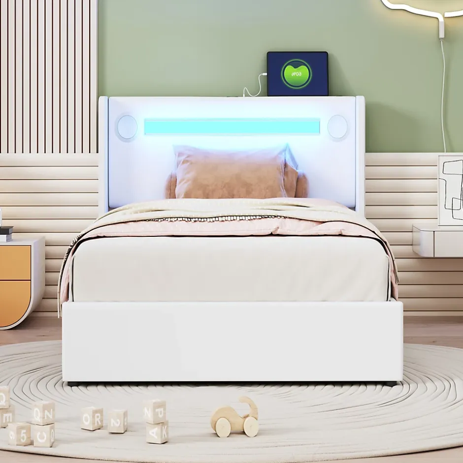 Okwish Lit Coffre 90x200 cm - Lit enfant capitonné avec LED, Lecteur Bluetooth et Port USB, Coffre de Rangement Simili Cuir Blanc