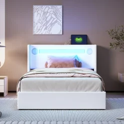 Okwish Lit Coffre 90x200 cm - Lit enfant capitonné avec LED, Lecteur Bluetooth et Port USB, Coffre de Rangement Simili Cuir Blanc
