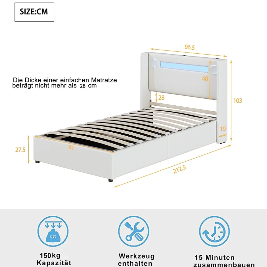 Okwish Lit Coffre 90x200 cm - Lit enfant capitonné avec LED, Lecteur Bluetooth et Port USB, Coffre de Rangement Simili Cuir Blanc