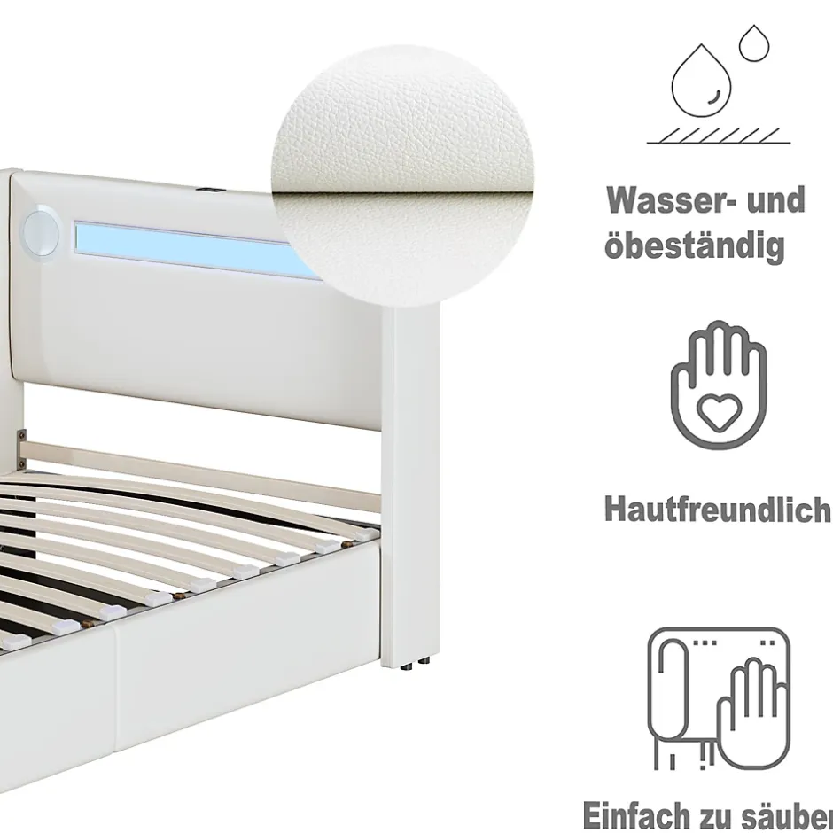 Okwish Lit Coffre 90x200 cm - Lit enfant capitonné avec LED, Lecteur Bluetooth et Port USB, Coffre de Rangement Simili Cuir Blanc