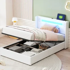Okwish Lit Coffre 90x200 cm - Lit enfant capitonné avec LED, Lecteur Bluetooth et Port USB, Coffre de Rangement Simili Cuir Blanc