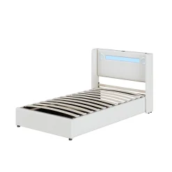 Okwish Lit Coffre 90x200 cm - Lit enfant capitonné avec LED, Lecteur Bluetooth et Port USB, Coffre de Rangement Simili Cuir Blanc