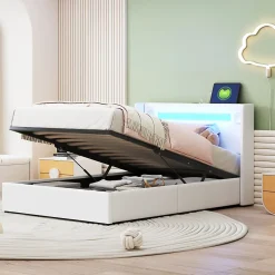 Okwish Lit Coffre 90x200 cm - Lit enfant capitonné avec LED, Lecteur Bluetooth et Port USB, Coffre de Rangement Simili Cuir Blanc