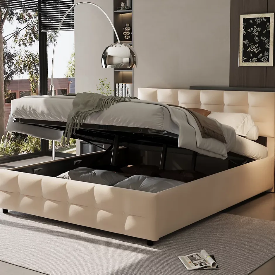 Okwish Lit Coffre 180x200 cm - Lit Hydraulique avec Rangement Sous Le Lit et Sommier À Lattes, Velours Beige, Sans Matelas Hot