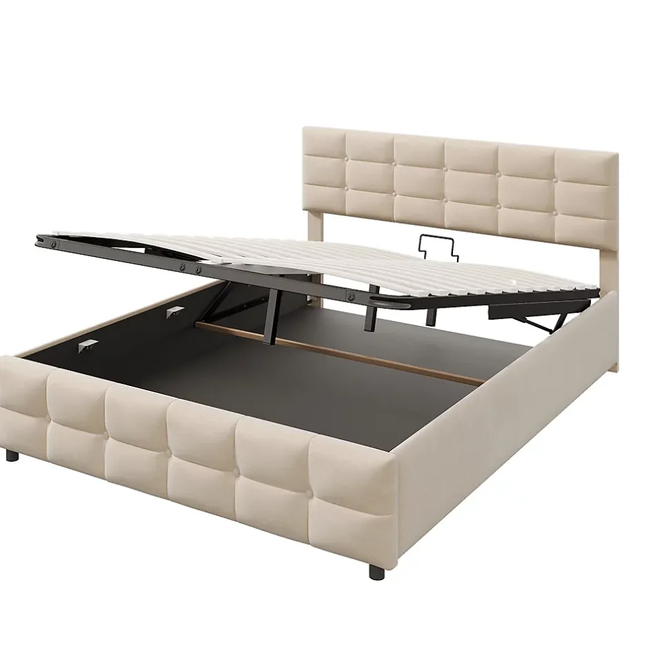 Okwish Lit Coffre 180x200 cm - Lit Hydraulique avec Rangement Sous Le Lit et Sommier À Lattes, Velours Beige, Sans Matelas Hot