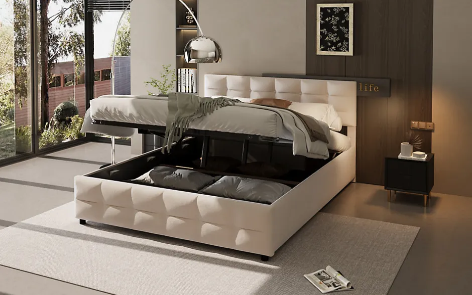 Okwish Lit Coffre 180x200 cm - Lit Hydraulique avec Rangement Sous Le Lit et Sommier À Lattes, Velours Beige, Sans Matelas Hot