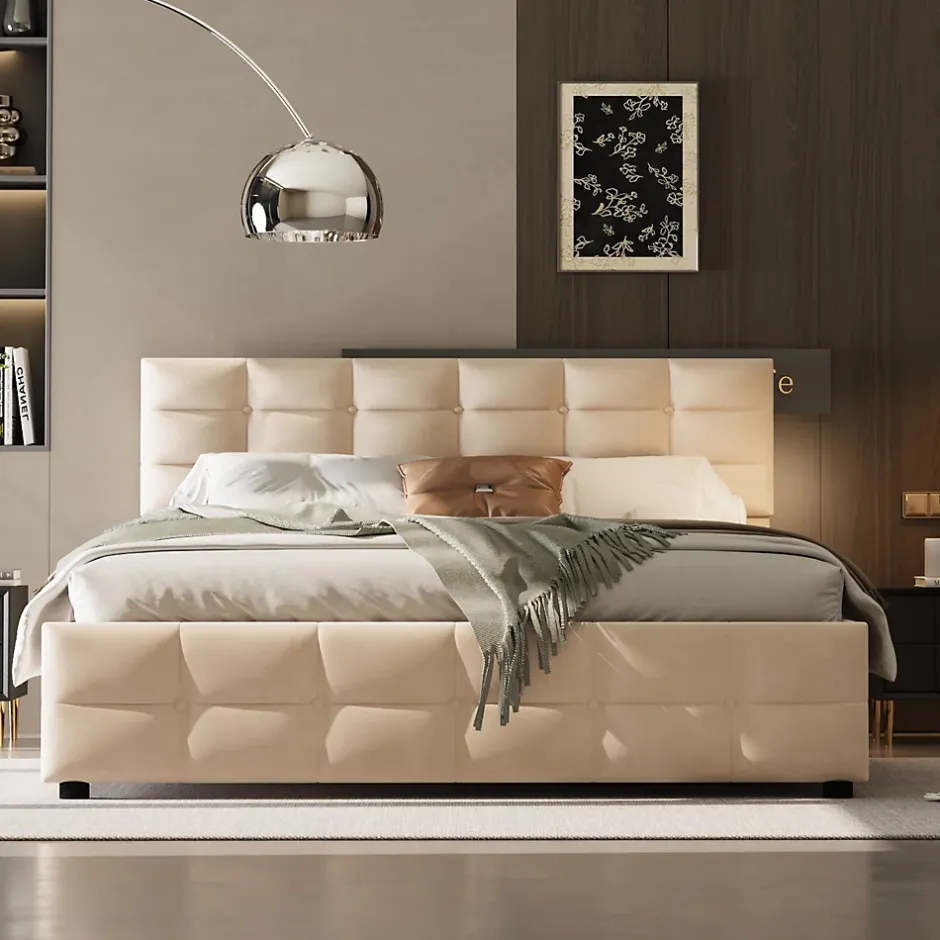 Okwish Lit Coffre 180x200 cm - Lit Hydraulique avec Rangement Sous Le Lit et Sommier À Lattes, Velours Beige, Sans Matelas Hot