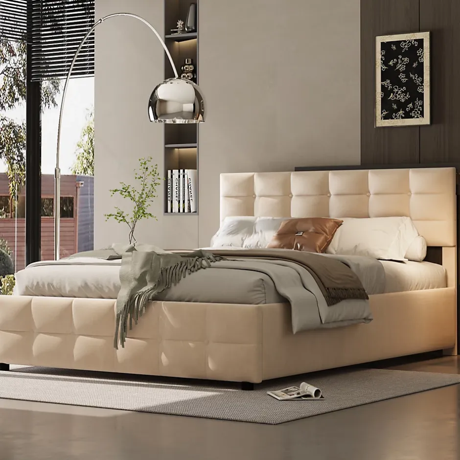Okwish Lit Coffre 180x200 cm - Lit Hydraulique avec Rangement Sous Le Lit et Sommier À Lattes, Velours Beige, Sans Matelas Hot