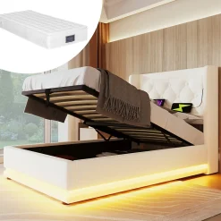 Okwish Lit coffre 90x200 cm - Lit simple rembourré avec USB Type-C et LED - PU - Matelas Inclus - Blanc