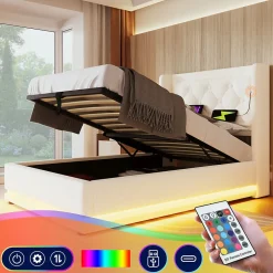 Okwish Lit coffre 90x200 cm - Lit simple rembourré avec USB Type-C et LED - PU - Matelas Inclus - Blanc