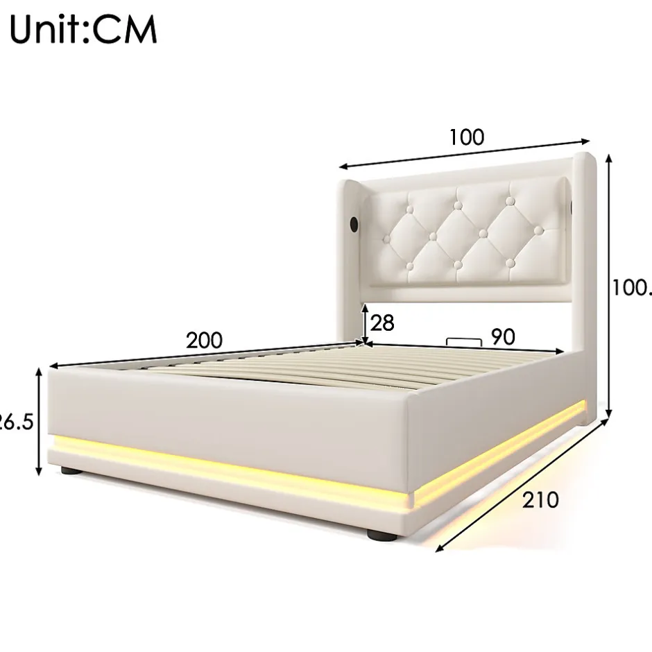 Okwish Lit coffre 90x200 cm - Lit simple rembourré avec USB Type-C et LED - PU - Matelas Inclus - Blanc