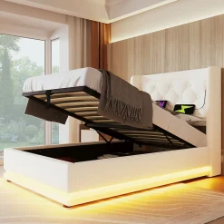Okwish Lit coffre 90x200 cm - Lit simple rembourré avec USB Type-C et LED - PU - Matelas Inclus - Blanc