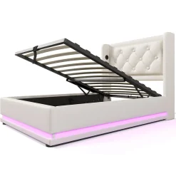 Okwish Lit coffre 90x200 cm - Lit simple rembourré avec USB Type-C et LED - PU - Matelas Inclus - Blanc