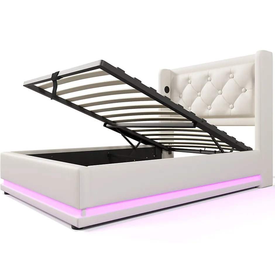 Okwish Lit coffre 90x200 cm - Lit simple rembourré avec USB Type-C et LED - PU - Matelas Inclus - Blanc