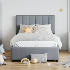 Okwish Lit coffre 90x200 cm - Lit simple avec ouverture hydraulique - en lin - Sans Matelas - Gris