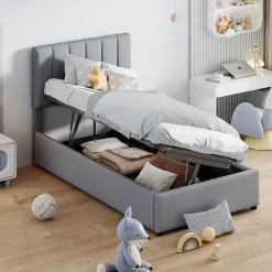 Okwish Lit coffre 90x200 cm - Lit simple avec ouverture hydraulique - en lin - Sans Matelas - Gris