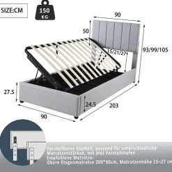 Okwish Lit coffre 90x200 cm - Lit simple avec ouverture hydraulique - en lin - Sans Matelas - Gris