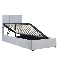 Okwish Lit coffre 90x200 cm - Lit simple avec ouverture hydraulique - en lin - Sans Matelas - Gris