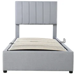 Okwish Lit coffre 90x200 cm - Lit simple avec ouverture hydraulique - en lin - Sans Matelas - Gris