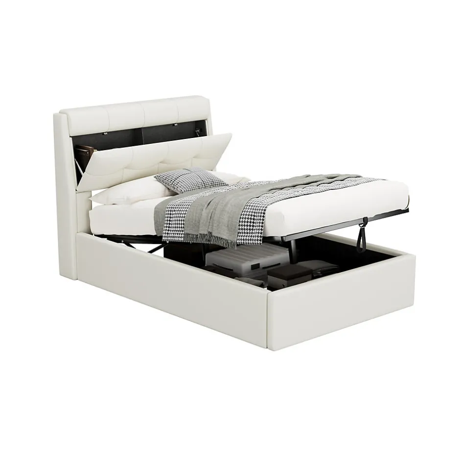 Okwish Lit Coffre 90x200 cm - Lit Simple Capitonné avec Tête de Lit et Rangement Caché - PU - Sans Matelas - Blanc Best