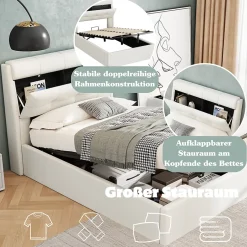 Okwish Lit Coffre 90x200 cm - Lit Simple Capitonné avec Tête de Lit et Rangement Caché - PU - Sans Matelas - Blanc Best
