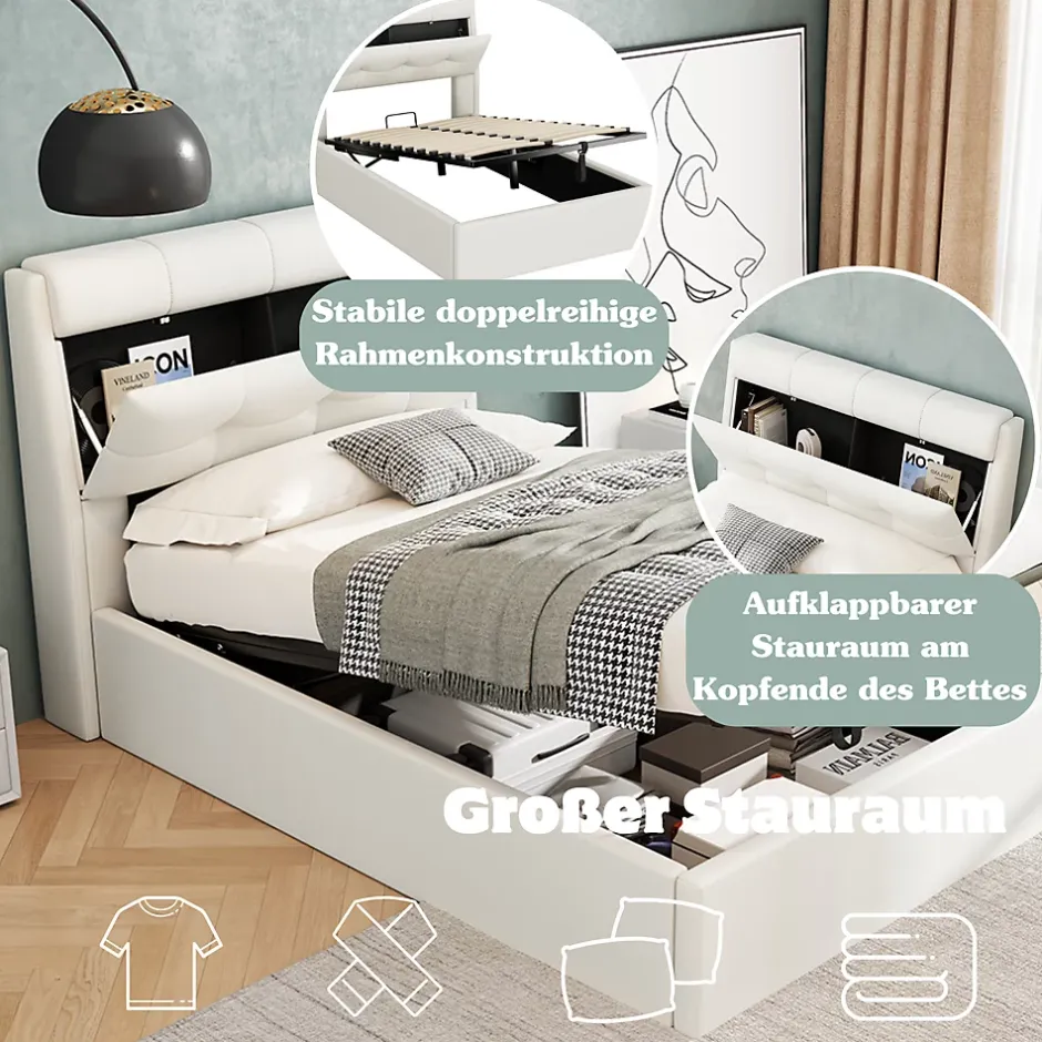 Okwish Lit Coffre 90x200 cm - Lit Simple Capitonné avec Tête de Lit et Rangement Caché - PU - Sans Matelas - Blanc Best