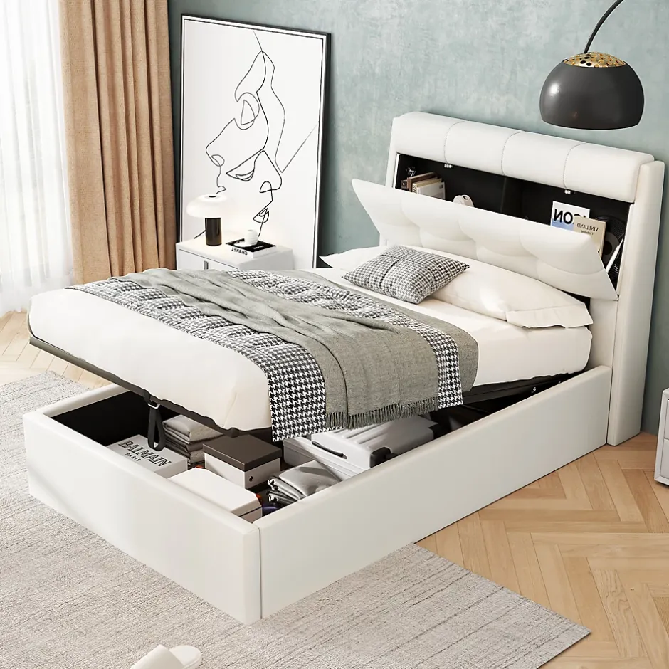 Okwish Lit Coffre 90x200 cm - Lit Simple Capitonné avec Tête de Lit et Rangement Caché - PU - Sans Matelas - Blanc Best