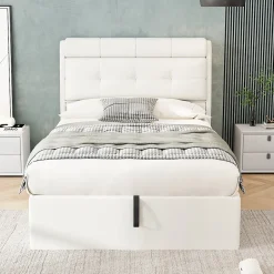 Okwish Lit Coffre 90x200 cm - Lit Simple Capitonné avec Tête de Lit et Rangement Caché - PU - Sans Matelas - Blanc Best
