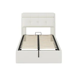Okwish Lit Coffre 90x200 cm - Lit Simple Capitonné avec Tête de Lit et Rangement Caché - PU - Sans Matelas - Blanc Best