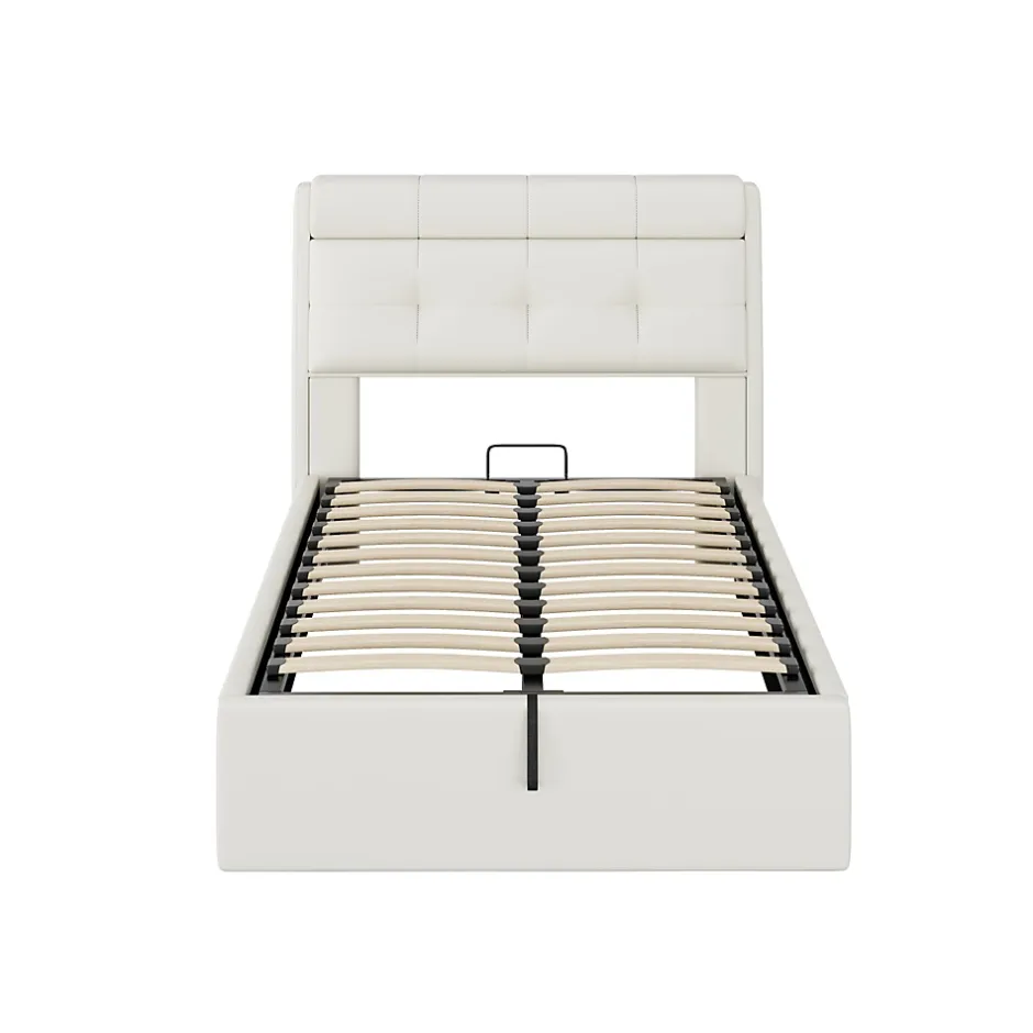 Okwish Lit Coffre 90x200 cm - Lit Simple Capitonné avec Tête de Lit et Rangement Caché - PU - Sans Matelas - Blanc Best