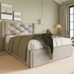 Okwish Lit coffre 90x200 cm - Lit simple capitonné avec sommier métallique - Bois massif + Métal - avec Matelas - Gris clair
