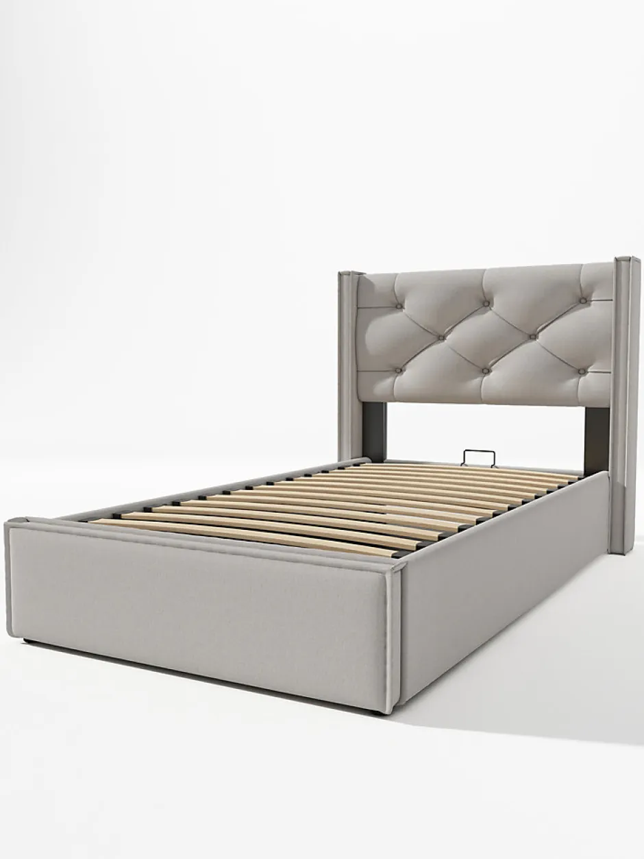 Okwish Lit coffre 90x200 cm - Lit simple capitonné avec sommier métallique - Bois massif + Métal - avec Matelas - Gris clair