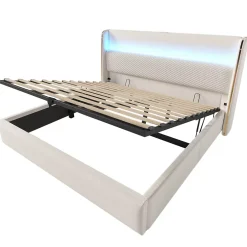 Okwish Lit Coffre 90x200 Cm - Lit Simple Moderne Avec Sommier Relevable Et Éclairage LED - Tissu Aspect Lin Beige Sale