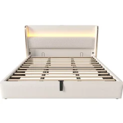 Okwish Lit Coffre 90x200 Cm - Lit Simple Moderne Avec Sommier Relevable Et Éclairage LED - Tissu Aspect Lin Beige Sale