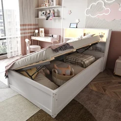 Okwish Lit Coffre 90x200 cm - Lit Simple avec Rangement, Tiroirs et Prises USB, Bois de Pin et MDF, Blanc - Sans Matelas