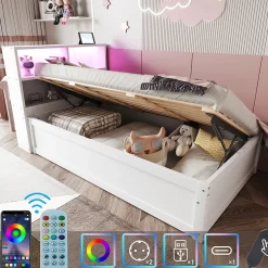 Okwish Lit Coffre 90x200 cm - Lit Simple avec Rangement, Tiroirs et Prises USB, Bois de Pin et MDF, Blanc - Sans Matelas