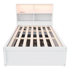 Okwish Lit Coffre 90x200 cm - Lit Simple avec Rangement, Tiroirs et Prises USB, Bois de Pin et MDF, Blanc - Sans Matelas