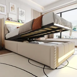 Okwish Lit Coffre 90x200 cm - Lit Simple avec Rangement, Éclairage LED Télécommandé et Prise USB, Sans Matelas, Beige