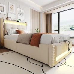 Okwish Lit Coffre 90x200 cm - Lit Simple avec Rangement, Éclairage LED Télécommandé et Prise USB, Sans Matelas, Beige