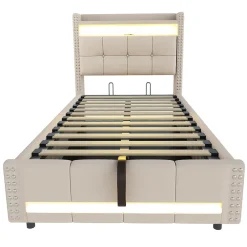 Okwish Lit Coffre 90x200 cm - Lit Simple avec Rangement, Éclairage LED Télécommandé et Prise USB, Sans Matelas, Beige
