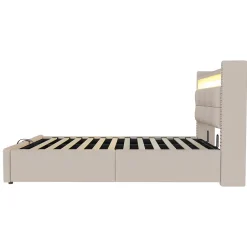 Okwish Lit Coffre 90x200 cm - Lit Simple avec Rangement, Éclairage LED Télécommandé et Prise USB, Sans Matelas, Beige
