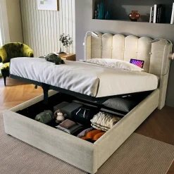 Okwish Lit Coffre 90x200 Cm - Lit Simple avec Ports USB et Lampe de Lecture - Lin - Sans Matelas - Beige Hot